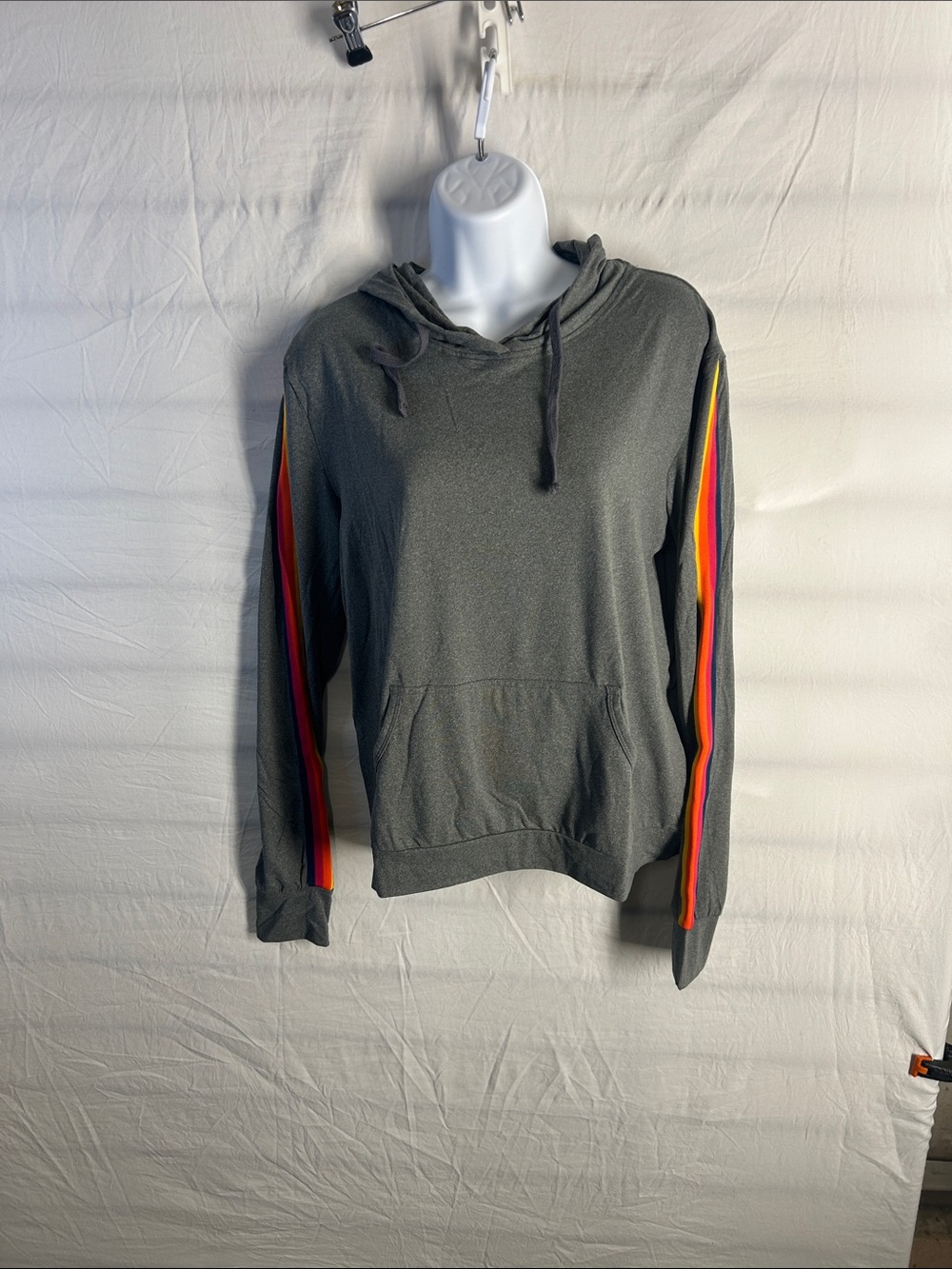 Women's Gray Hooded Long-Sleeve Tee with Sunset Sleeve Stripes